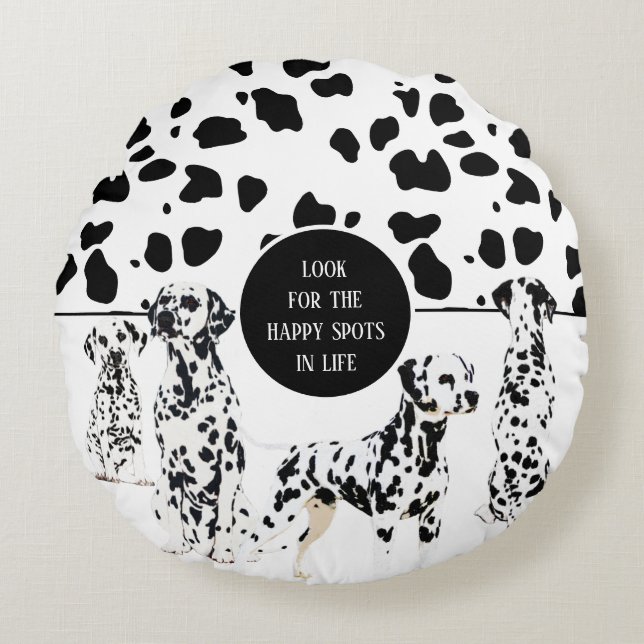 Cute Dalmatians Black & White Happy Spots Round Pillow (Front)