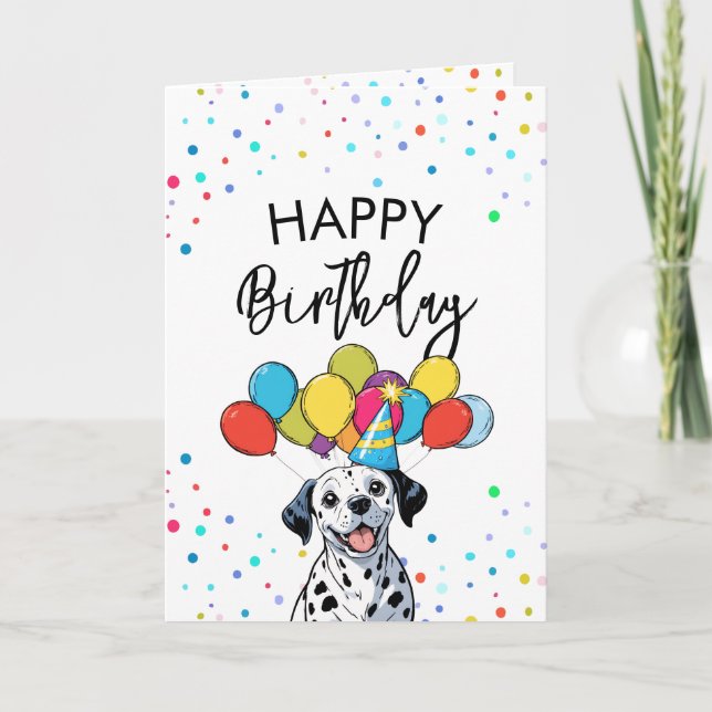 Cute Dalmation with Balloons and Confetti Birthday Card (Front)
