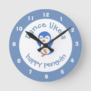 Cute Dance Like a Happy Penguin Blue Round Clock