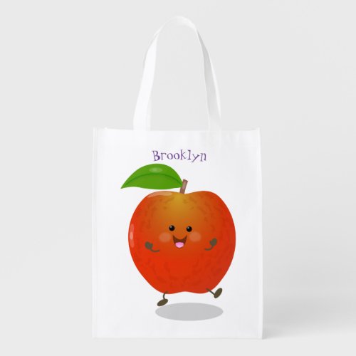 Cute dancing apple cartoon illustration grocery bag