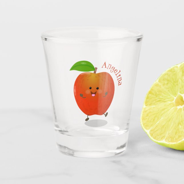 Cute dancing apple cartoon illustration shot glass (Front)