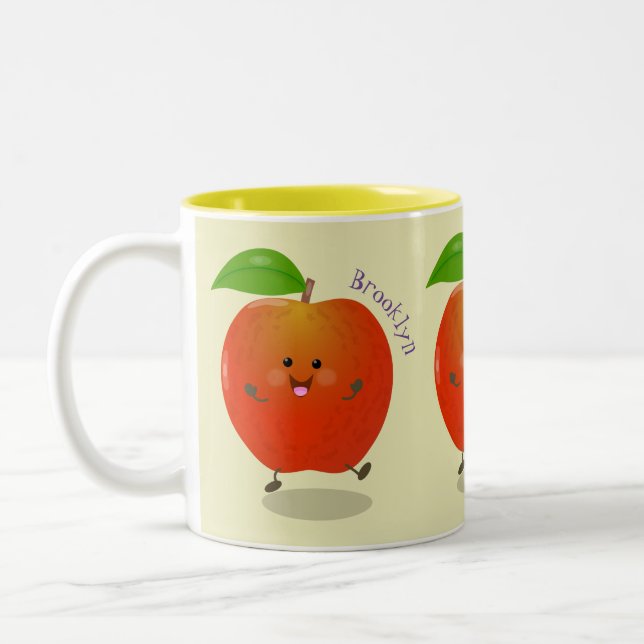 Cute dancing apple cartoon illustration Two-Tone coffee mug (Left)