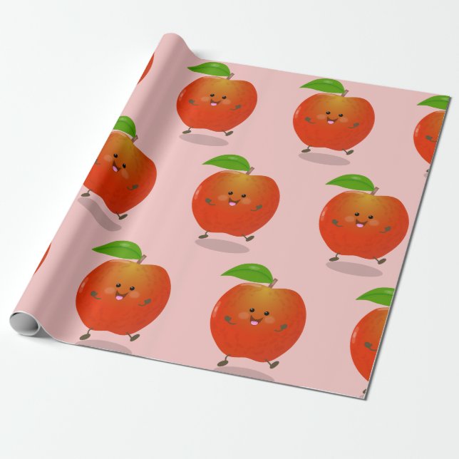Cute dancing apple cartoon illustration wrapping paper (Unrolled)