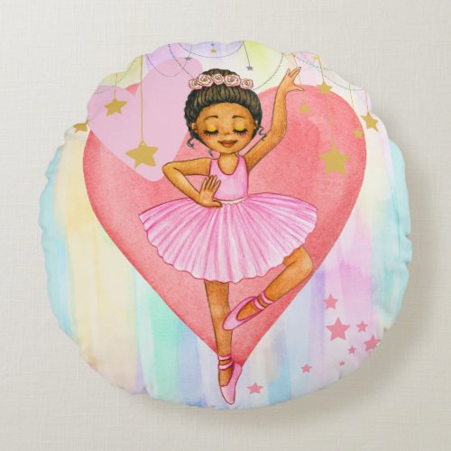 Cute Dancing Ballerina Girl with Hearts and Stars  Round Pillow