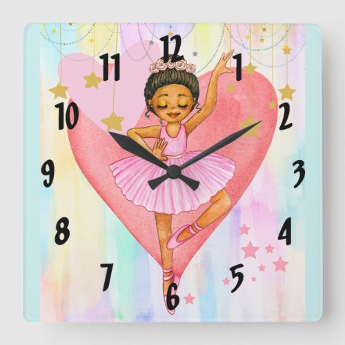 Cute Dancing Ballerina Girl with Hearts and Stars  Square Wall Clock