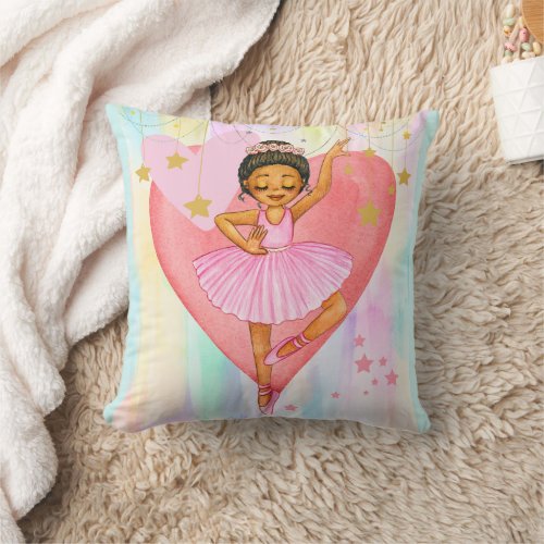 Cute Dancing Ballerina Girl with Hearts and Stars  Throw Pillow