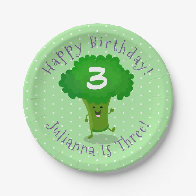 Cute dancing broccoli personalised birthday paper plates (Front)