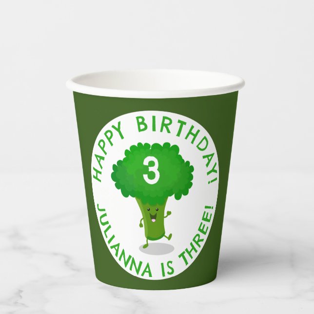 Cute dancing broccoli personalized birthday paper cups (Front)