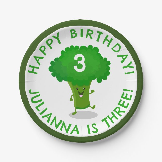 Cute dancing broccoli personalized birthday paper plates (Front)