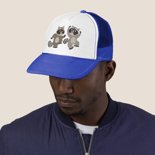 Cute Dancing Cartoon Raccoons Trucker Hat (In Situ)