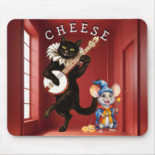 Cute Dancing Cat with Guitar and Mouse Friend Mouse Pad