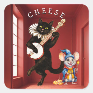 Cute Dancing Cat with Guitar and Mouse Friend Square Sticker
