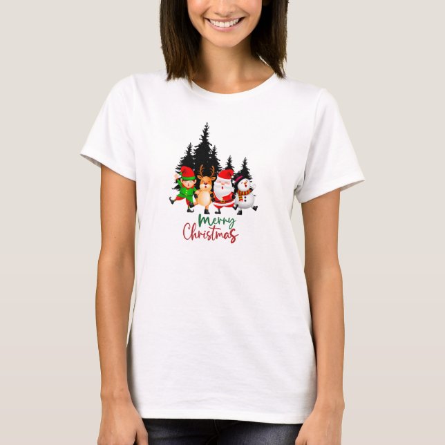 Cute Dancing Christmas Squad with Santa, Reindeer T-Shirt (Front)