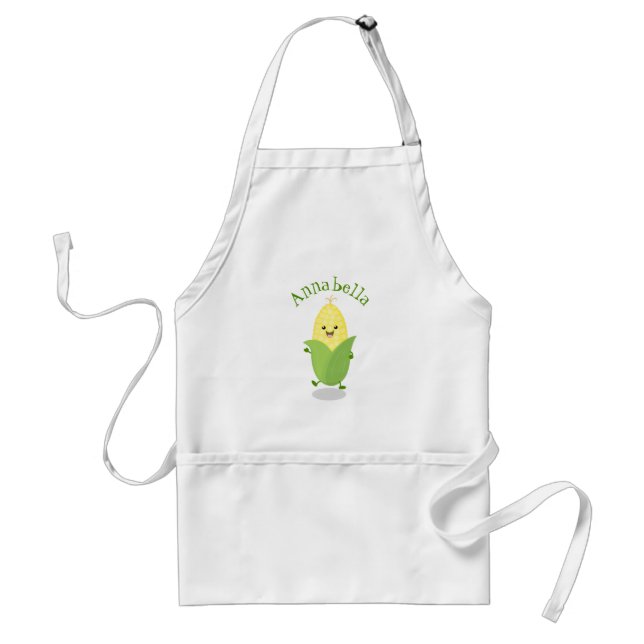 Cute dancing corn cob cartoon illustration adult apron (Front)