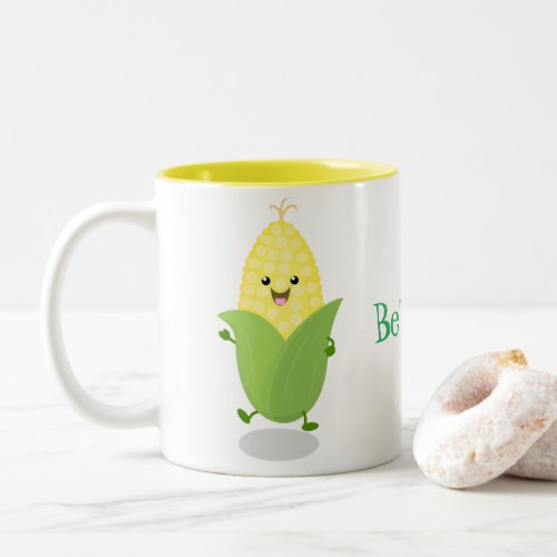 Cute dancing corn cob cartoon illustration Two_Tone coffee mug