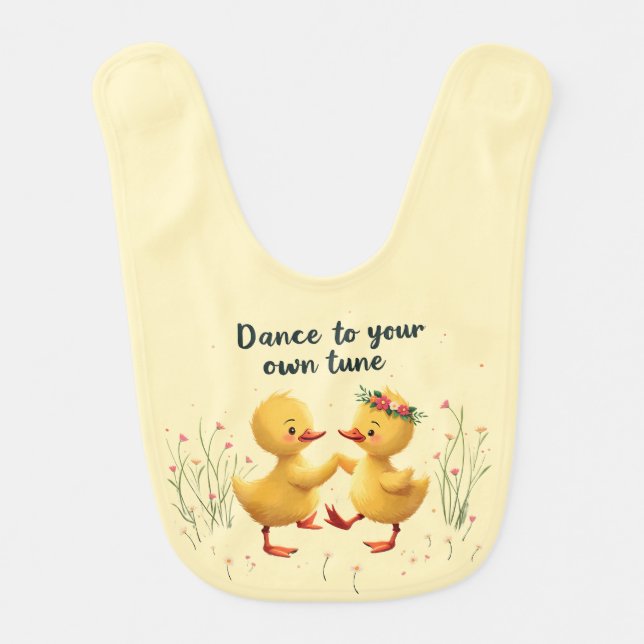 Cute Dancing Ducklings with Floral Spring Vibes Baby Bib (Front)