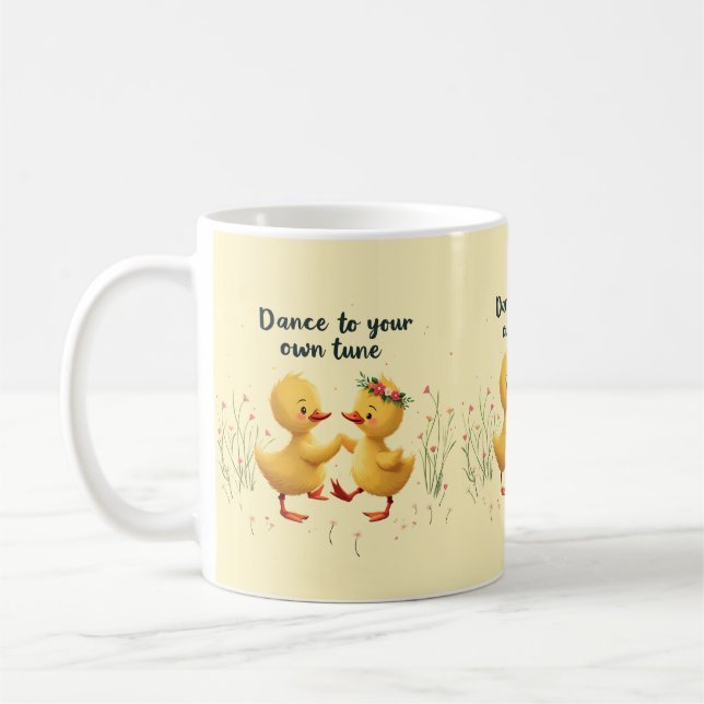 Cute Dancing Ducklings with Floral Spring Vibes Coffee Mug (Left)