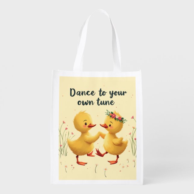Cute Dancing Ducklings with Floral Spring Vibes Grocery Bag (Back)