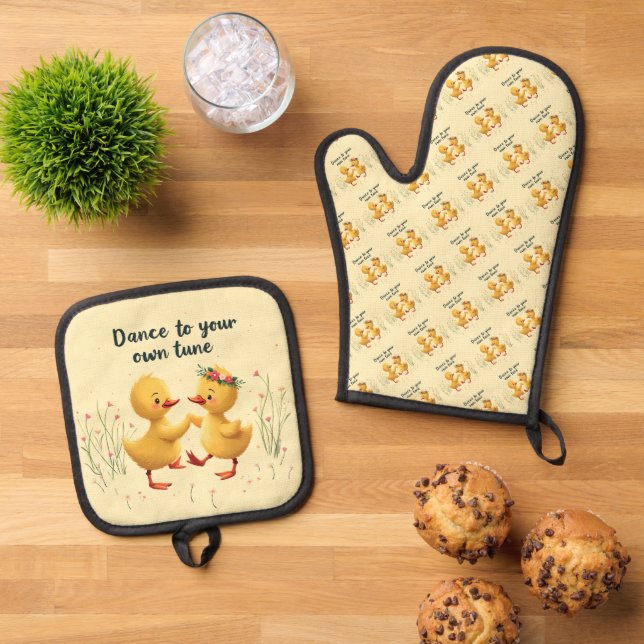 Cute Dancing Ducklings with Floral Spring Vibes Oven Mitt & Pot Holder Set (Top Down)
