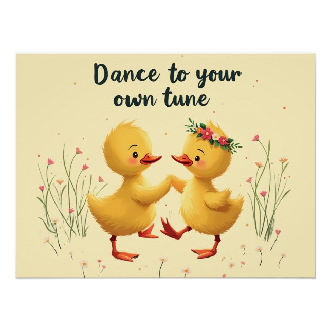 Cute Dancing Ducklings with Floral Spring Vibes Poster (Front)