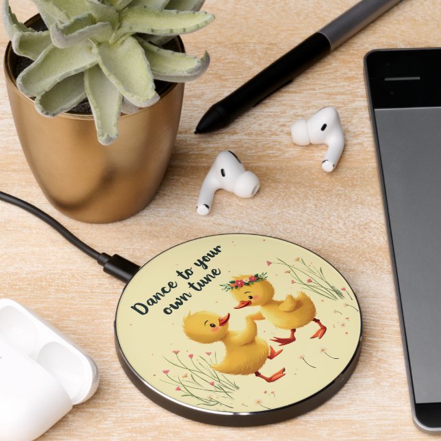 Cute Dancing Ducklings with Floral Spring Vibes Wireless Charger (Desk 2)
