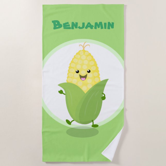 Cute dancing kawaii corn cob cartoon illustration beach towel (Front)