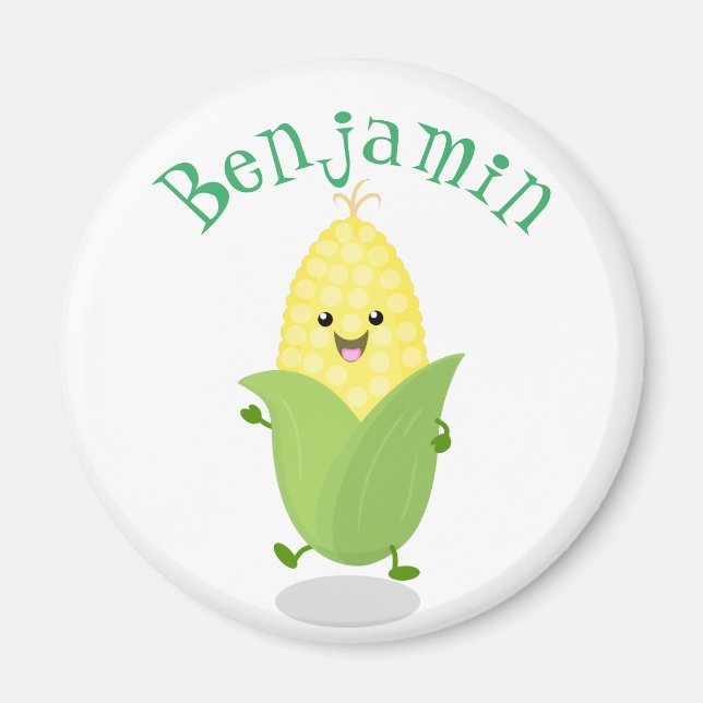 Cute dancing kawaii corn cob cartoon illustration magnet (Front)