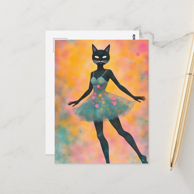 Cute Dancing Kitty Postcard (Front/Back In Situ)