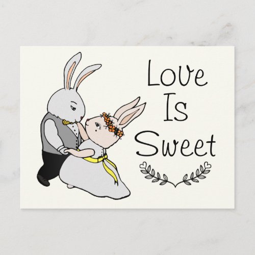 Cute Dancing Love Bunnies  Love is Sweet Wedding Postcard