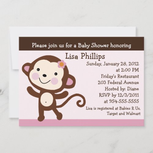 Cute Dancing Monkey Girl Baby Shower Invitation