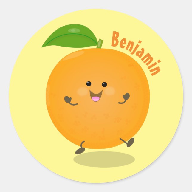 Cute dancing orange citrus fruit classic round sticker (Front)