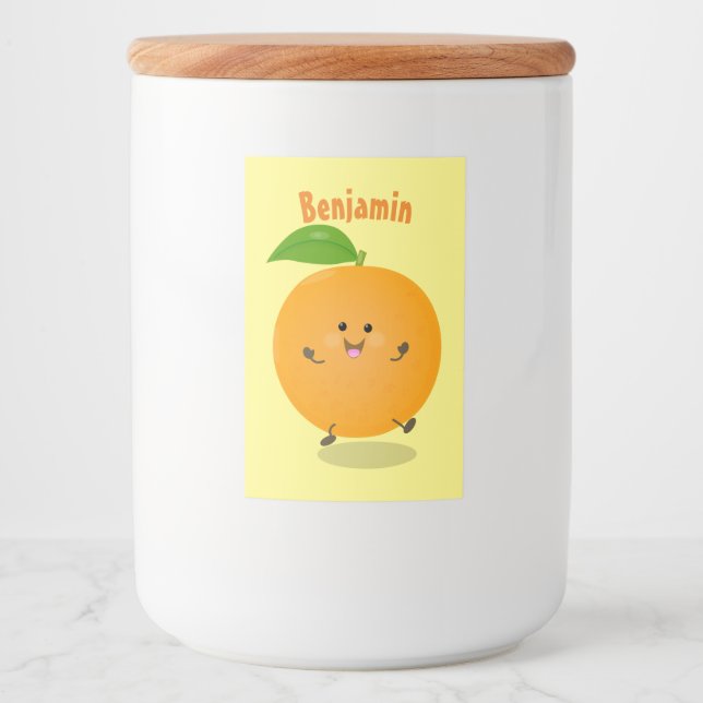 Cute dancing orange citrus fruit food label (Front)