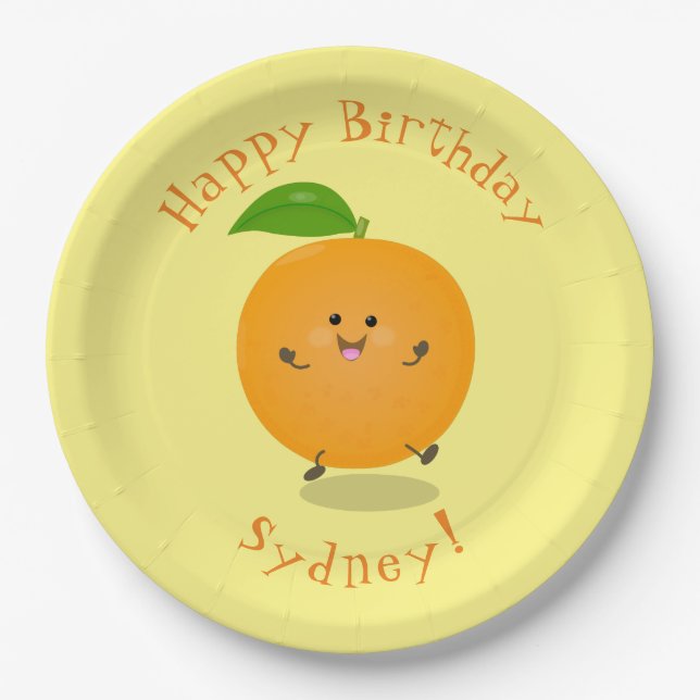Cute dancing orange citrus fruit paper plates (Front)