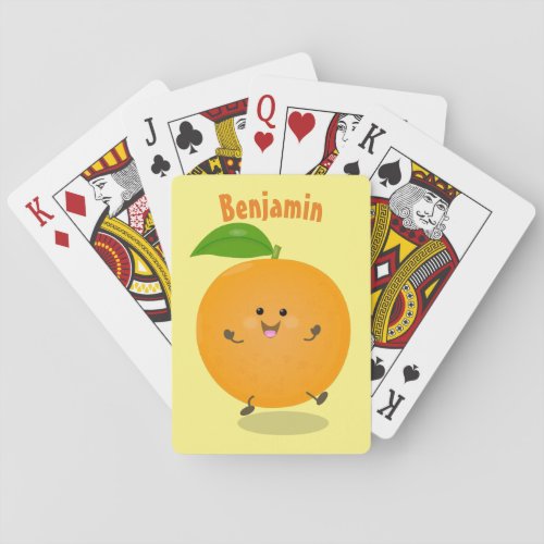 Cute dancing orange citrus fruit playing cards