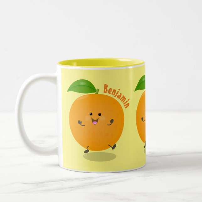 Cute dancing orange citrus fruit Two-Tone coffee mug (Left)
