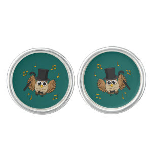 Cute Dancing Owl with Music Notes Cartoon Cufflinks