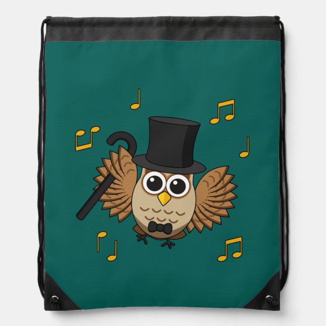 Cute Dancing Owl with Music Notes Cartoon Drawstring Bag (Front)