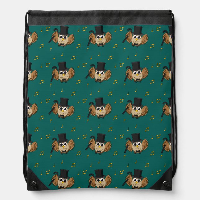 Cute Dancing Owl with Music Notes Cartoon Drawstring Bag (Front)