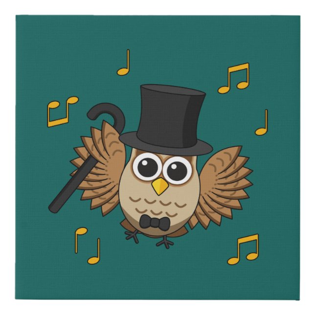 Cute Dancing Owl with Music Notes Cartoon Faux Canvas Print (Front)