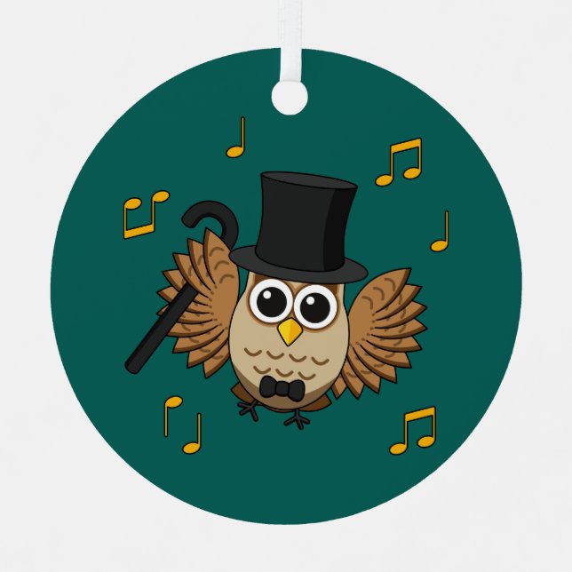 Cute Dancing Owl with Music Notes Cartoon Metal Ornament (Front)