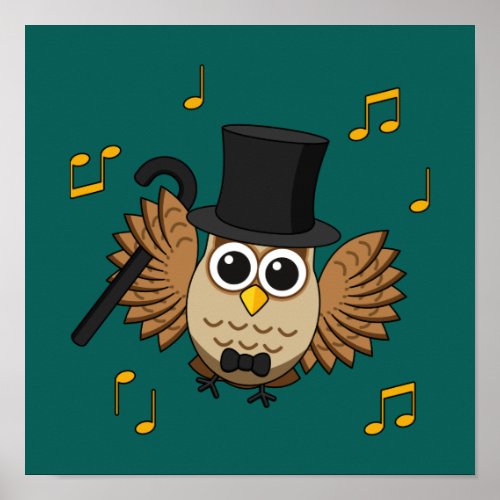 Cute Dancing Owl with Music Notes Cartoon Poster