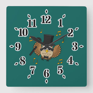 Cute Dancing Owl with Music Notes Cartoon Square Wall Clock