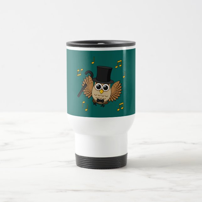 Cute Dancing Owl with Music Notes Cartoon Travel Mug (Center)