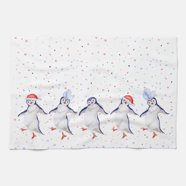 Cute Dancing Penguins Christmas Kitchen Towel (Horizontal)
