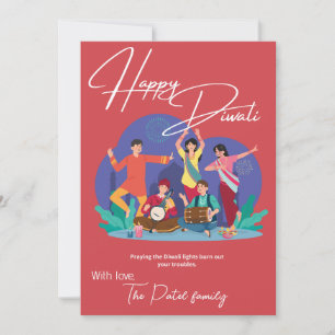 Cute dancing people Happy Diwali Flat Holiday Card