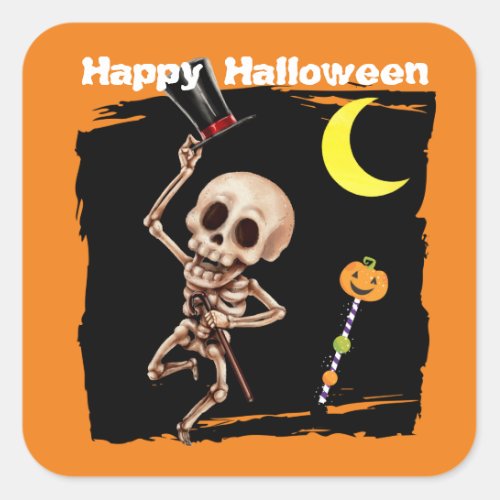 Cute Dancing Skeleton Kids Halloween Square Sticker