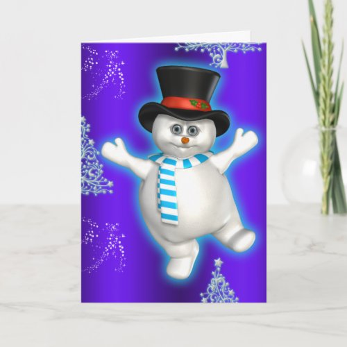 Cute Dancing Snowman Blue Christmas Card