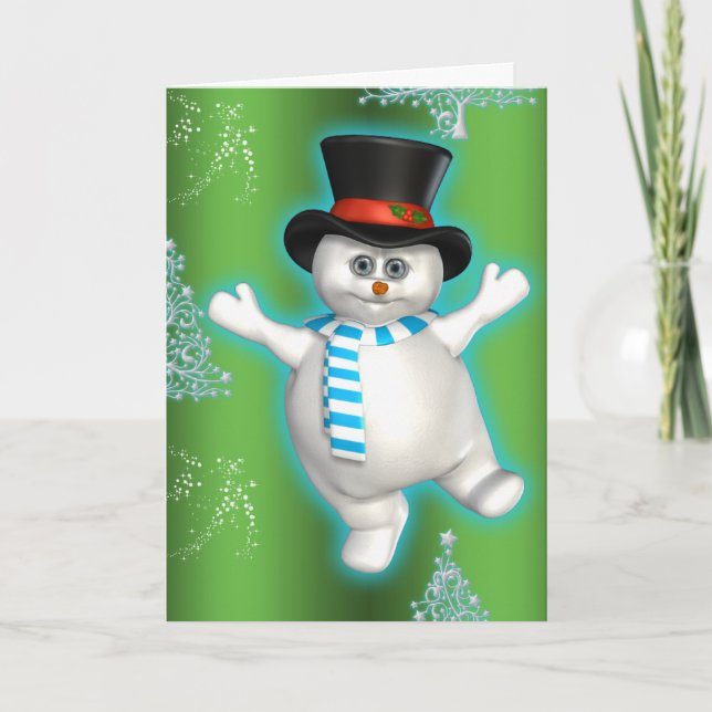 Cute Dancing Snowman Green Christmas Card (Front)