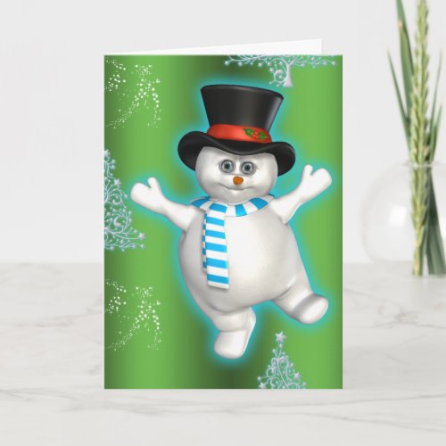 Cute Dancing Snowman Green Christmas Card