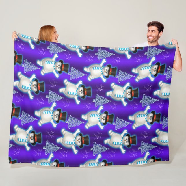 Cute Dancing Snowmen Blue Christmas Fleece Blanket (In Situ)
